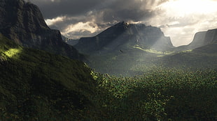 green trees, landscape, nature, sky, mountains