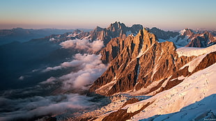 white clouds beside rock formation, mountains, snow, clouds