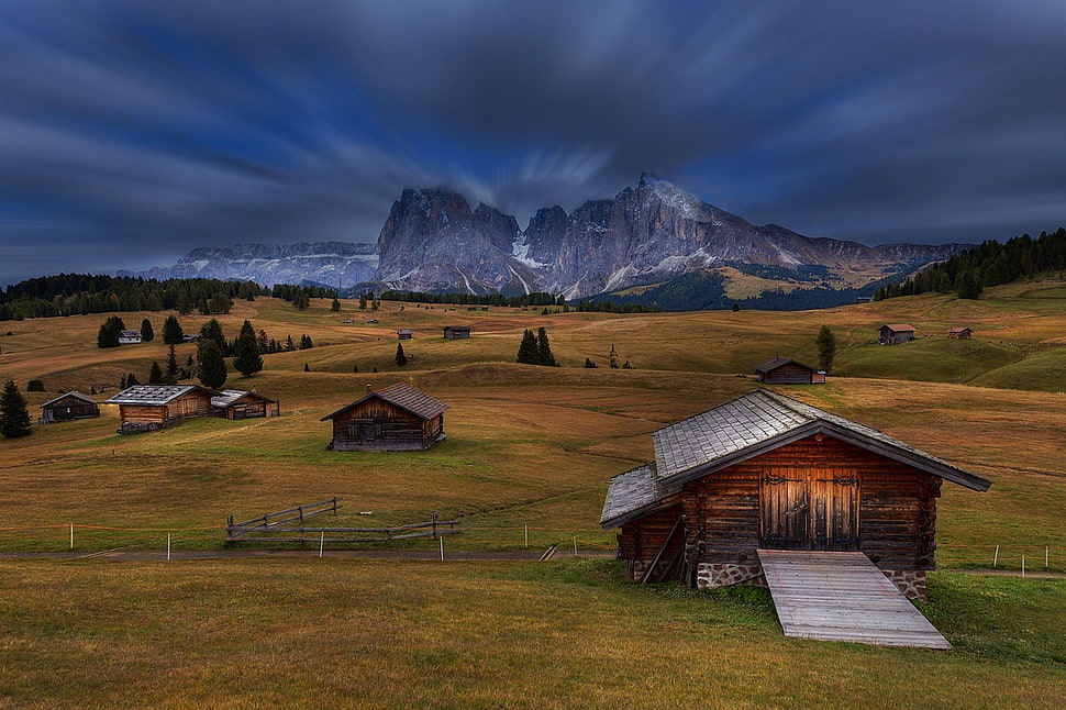 brown wooden house, nature, landscape, cabin, mountains HD wallpaper