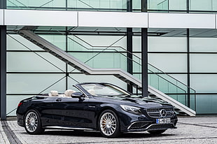 black Mercedes-Benz convertible coupe near stairs HD wallpaper