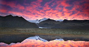 black and gray wooden table, sky, colorful, clouds, reflection