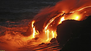 orange lava, lava, volcano, nature, sea HD wallpaper