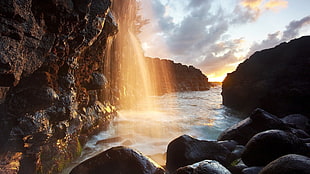 waterfalls and rocky shores, landscape HD wallpaper
