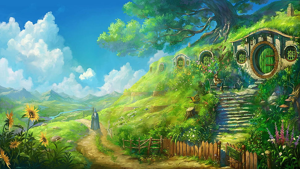 Nature painting, landscape, The Lord of the Rings, Bilbo Baggins, Bag End  HD wallpaper | Wallpaper Flare