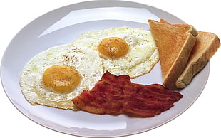 two white sunny-side egg,bacon and two slice of toasted bread on white ceramic plate HD wallpaper