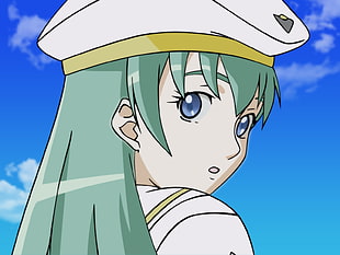green haired woman anime character wearing white cap HD wallpaper