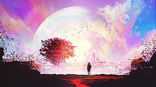 man standing facing tree painting, artwork, illustration, sunset, sky