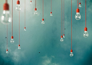 red pendant lgihts, minimalism, artwork, light bulb, clouds HD wallpaper