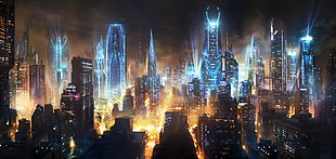 lighted buildings wallpaper, futuristic, city, artwork, fantasy art