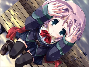 woman with purple hair wearing school uniform anime