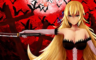 blonde hair female anime character holding katana digital wallpaper