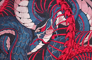 blue, red, and white dragon illustration, ouroboros, bones, snake, serpent HD wallpaper