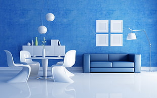 blue leather 2-seat couch and white dining set HD wallpaper