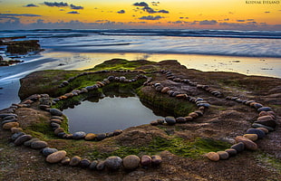 large body of water during sunset