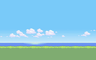 sky, grass, and body of water artwork, pixel art, grass, water, clouds