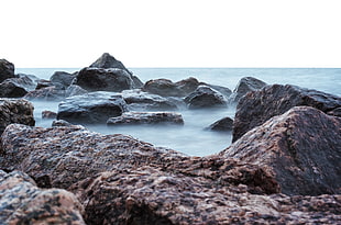 sea, water, rocks, fog