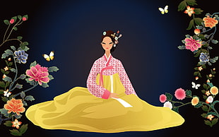 woman in pink and yellow traditional dress cartoon HD wallpaper