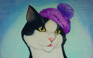 white and black cat with purple hat painting HD wallpaper