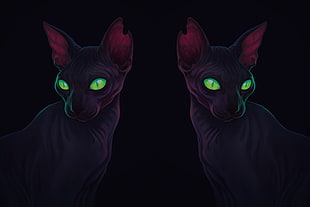 two green eyed black cats illustration, artwork, green eyes, dark, cat