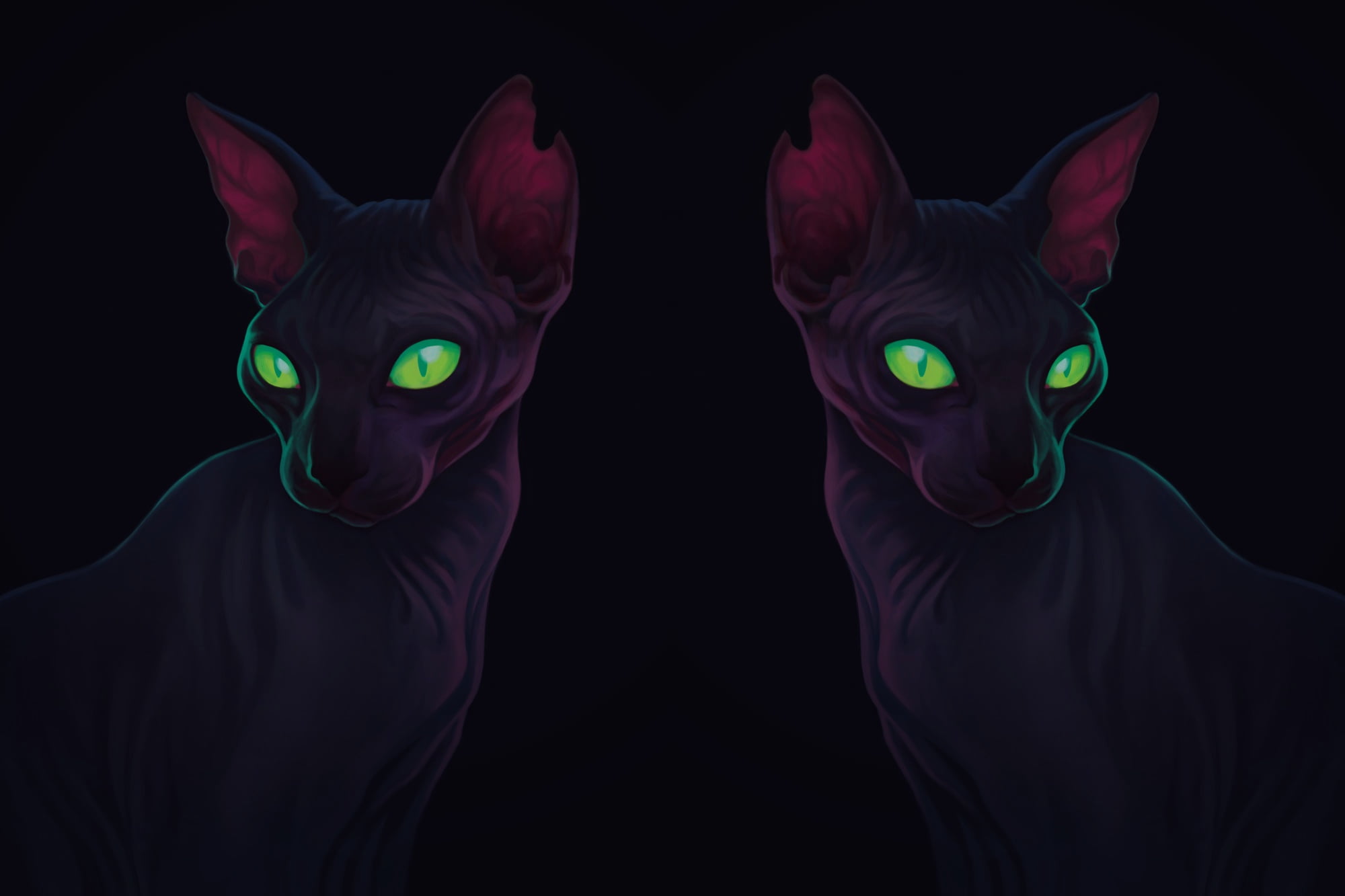 two green eyed black cats illustration, artwork, green eyes, dark, cat