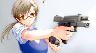 gray haired female anime character holding gun fan art HD wallpaper