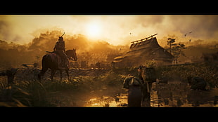 man riding horse beside house wallpaper, Ghost of Tsushima , video games