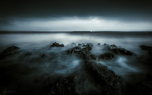 black rock formation, morning, sea, nature, Menorca