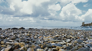 gray stones, rock, clouds, water