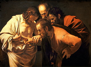 Jesus Christ and three men painting, oil painting, artwork, Caravaggio HD wallpaper