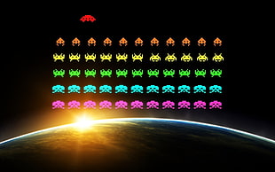 galaga game, pixels, pixel art, digital art, video games HD wallpaper