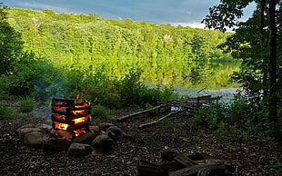 bonfire near body of water during day time HD wallpaper