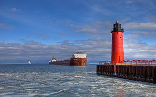 red lighthouse, oil tanker, ice, lighthouse, sea HD wallpaper