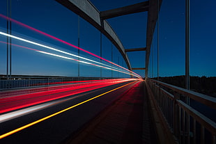 concrete bridge, Bridge, Light, Night HD wallpaper