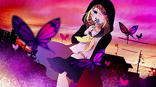 black and pink floral textile, Vocaloid, Kagamine Rin, butterfly HD wallpaper