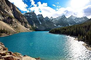 calm lake panorama photography, moraine lake