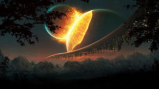 two planets near trees digital wallpaper, science fiction, planet, explosion, lights