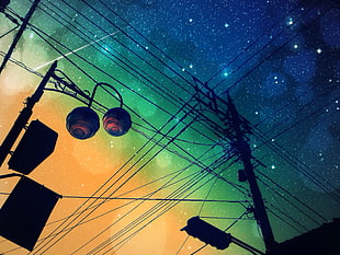 utility post under starry sky wallpaper, sky, comet, stars, utility pole