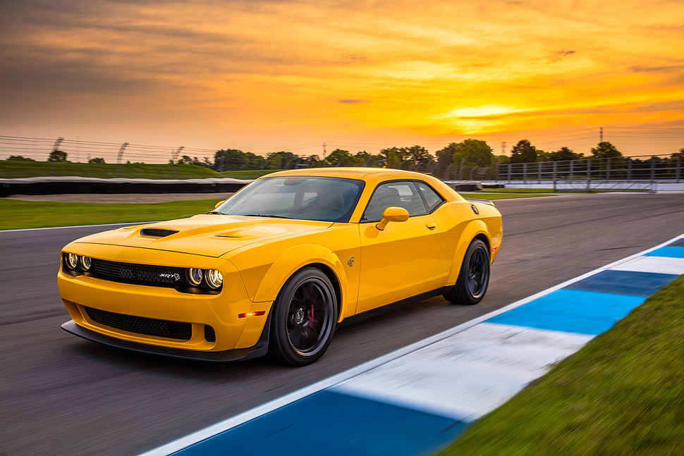 Yellow Dodge Challenger on road at golden hour HD wallpaper | Wallpaper ...