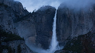 gray mountain, landscape, nature, waterfall, cliff