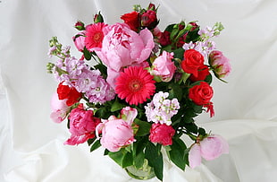 red and pink flower arrangement