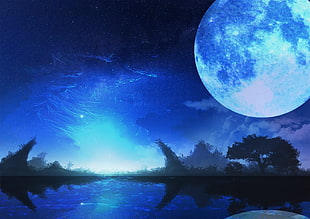 full moon and lake digital wallpaper, Moon, sky, stars, night HD wallpaper