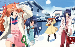 four girls with snow coats animated photo HD wallpaper