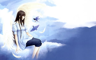 black haired female anime character sitting on clouds illustration HD wallpaper