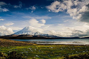 green lawn grass, lake, grass, mountains, volcano HD wallpaper