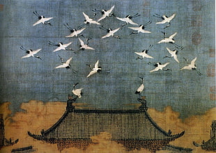 flock of flying white birds over top of roof painting, artwork, Chinese, painting, cranes HD wallpaper