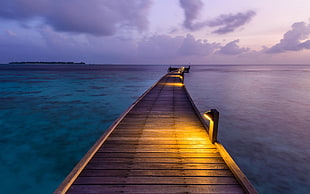 brown wooden bridge, nature, landscape, clouds, dock HD wallpaper