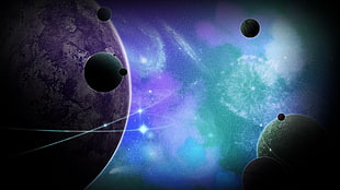purple and green planets HD wallpaper