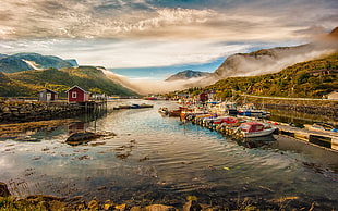 red wooden house, landscape, nature, boat, mountains