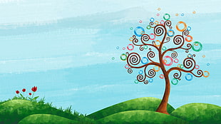 multicolored tree painting, nature, trees, hills, branch HD wallpaper