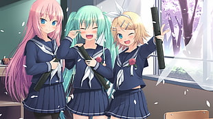 three female anime characters in blue school uniforms HD wallpaper